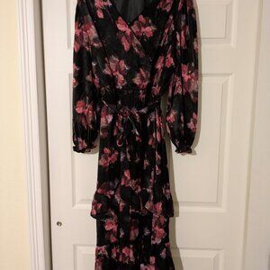 Black Floral Wrap-Style Midi Dress – Pink & Mauve Print with Tie Waist